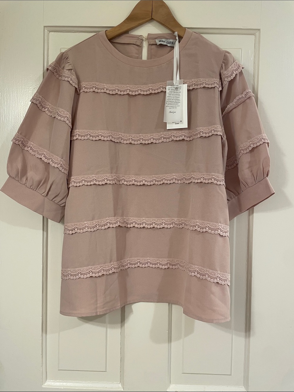 Grace Karin Dusty Pink Lace-Trim Blouse